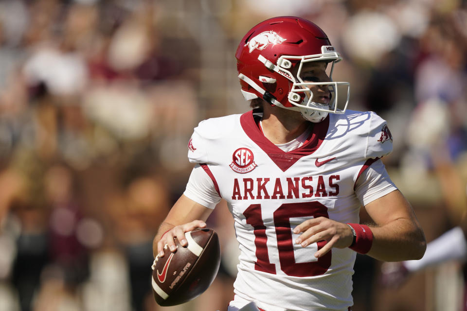 Arkansas quarterback Cade Fortin (10) sets up to pass against Mississippi State during the first half of an NCAA college football game in Starkville, Miss., Saturday, Oct. 8, 2022. (AP Photo/Rogelio V. Solis)