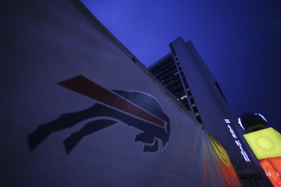 A Buffalo Bills logo is displayed near Buffalo General Medical Center, Monday, Jan. 9, 2023, in Buffalo, N.Y. Bills safety Damar Hamlin was discharged from the University of Cincinnati Medical Center, Monday and flown to Buffalo, where he will continue his recovery at Buffalo General Medical Center/Gates Vascular Institute after going into cardiac arrest and having to be resuscitated on the field during a game in Cincinnati. (AP Photo/Joshua Bessex)