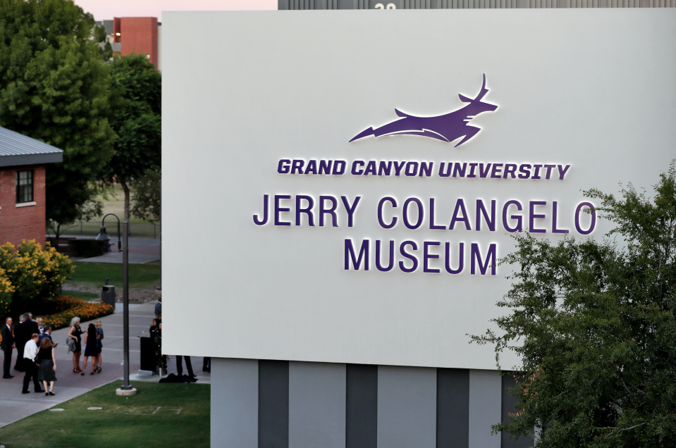 In this Wednesday, Sept. 20, 2017 photo, guests arrive at the grand opening of the Jerry Colangelo Museum at Grand Canyon University in Phoenix. (AP/Matt York) 