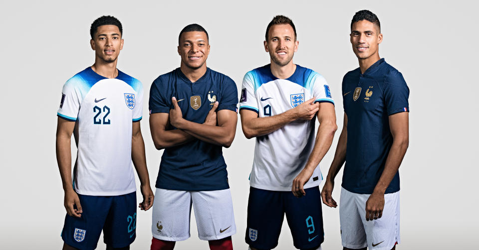 (EDITORS NOTE:THIS IMAGE HAS BEEN RETOUCHED) In this composite image, a comparison has been made between (L-R) Jude Bellingham of England, Kylian Mbappe of France, Harry Kane of England and Raphael Varane of France who are posing during the official FIFA World Cup 2022 portrait sessions. England and France meet in one of the quarter finals of the FIFA World Cup 2022. (Photo by FIFA/FIFA via Getty Images)