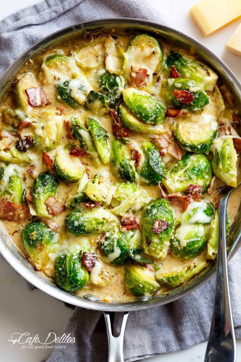 15) Creamy Garlic Parmesan Brussels Sprouts & Bacon