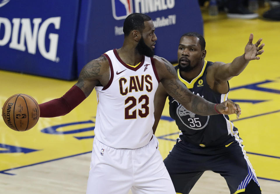 LeBron James says Kevin Durant is one of the best players he’s ever faced, and the Trail Blazers really whiffed when they didn’t draft him. (AP Photo/Marcio Jose Sanchez)