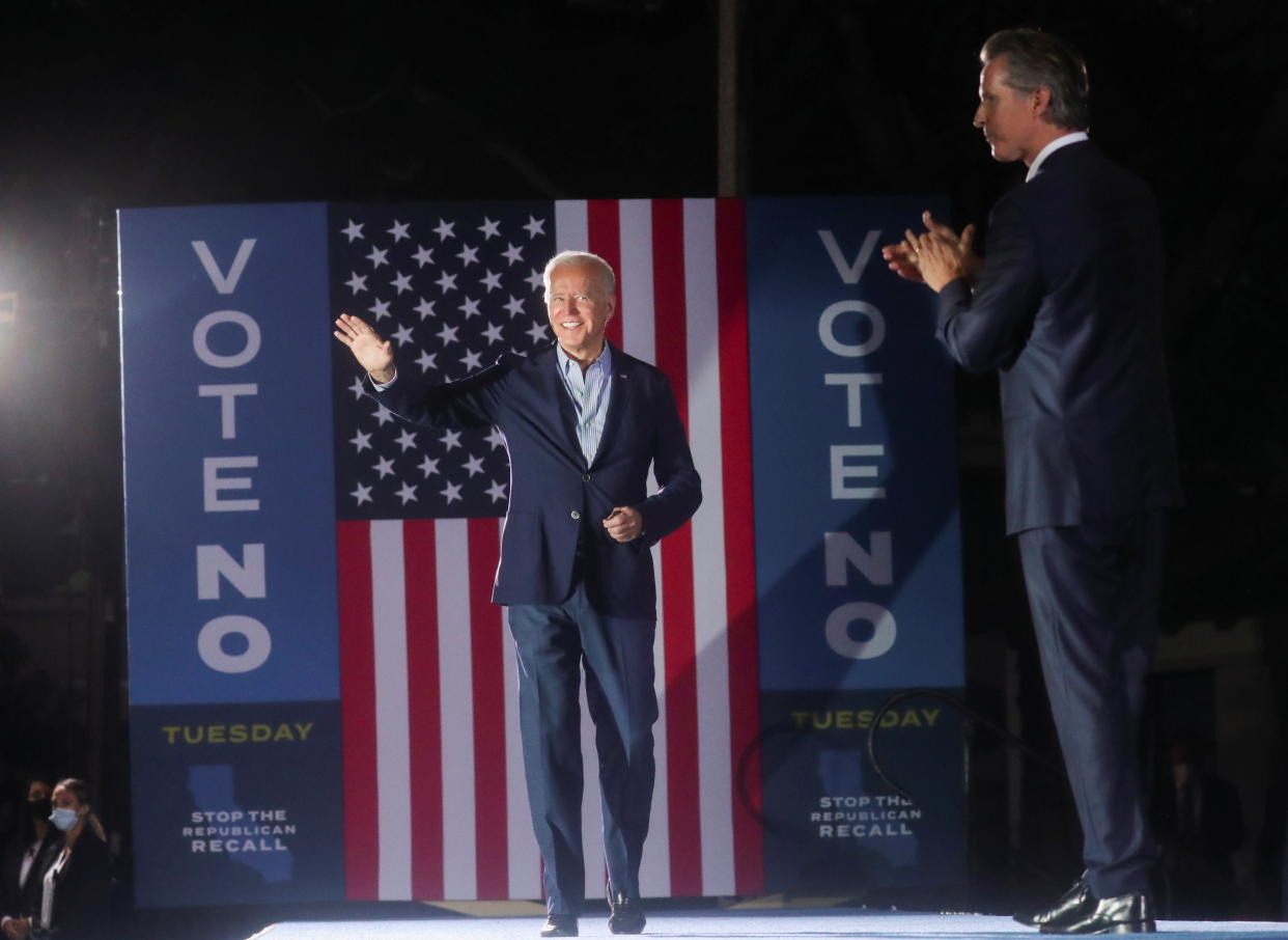 President Biden and California Gov. Gavin Newsom at Long Beach City College. (Leah Mills/Reuters)