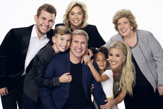 Dennis Leupold/USA Network/NBCU Photo Bank/NBCUniversal/Getty (L-R) Chase Chrisley, Grayson Chrisley, Julie Chrisley, Todd Chrisley, Chloe Chrisley, Savannah Chrisley and Faye Chrisley are pictured.