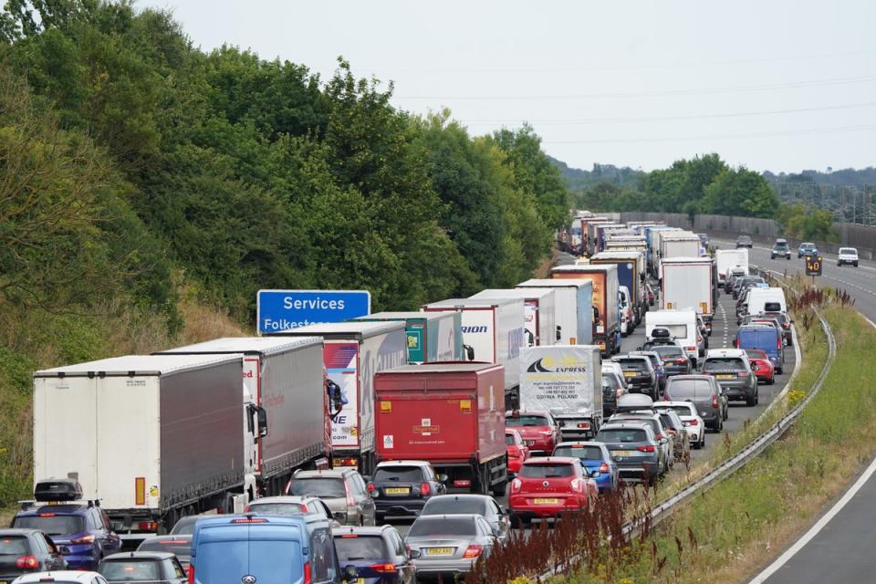 Traffic queuing on the M20 near Folkestone in Kent on Friday (PA) (PA Wire)