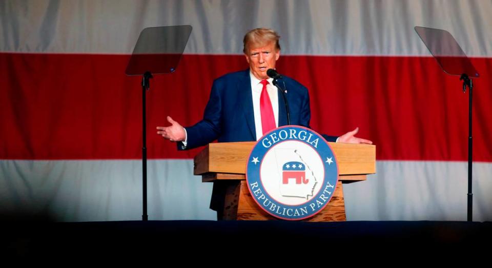 Former President Donald Trump speaks at the Columbus Convention & Trade Center Saturday afternoon during the Georgia GOP state convention. 06/10/2023 Mike Haskey/mhaskey@ledger-enquirer.com
