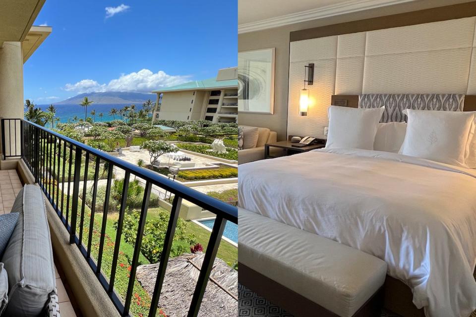 A split image shows a view of the Pacific Ocean and West Maui Mountains from a balcony on the left, and a king bed in a deluxe ocean-view room at the Four Seasons Maui at Wailea.