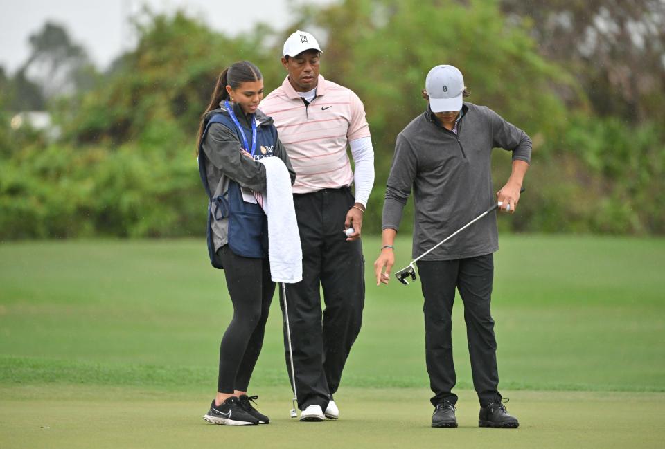 Tiger Woods, Sam Woods, and Charlie Woods at the 2023 PNC Championship.