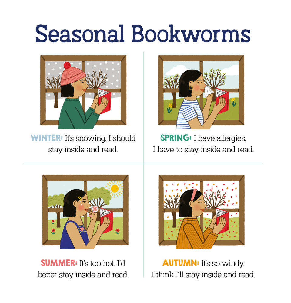 Illustration of a woman reading a book during different seasons