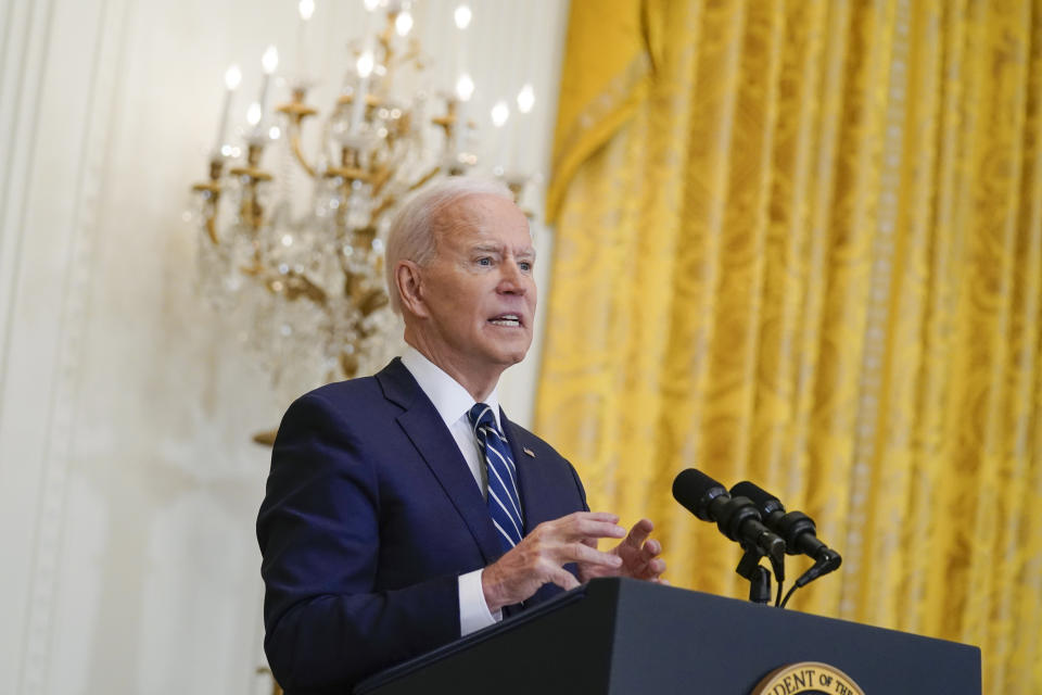 President Joe Biden speaks during a news conference in the East Room of the White House, Thursday, March 25, 2021, in Washington. (AP Photo/Evan Vucci)