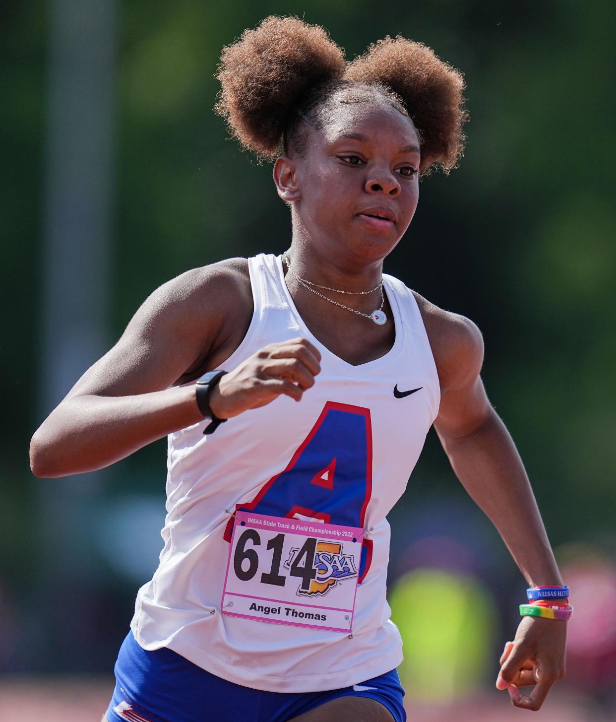 South Bend Adams Angel Thomas competes in the 100 meter dash during the IHSAA girls track and field state finals on Friday, June 3, 2022, at Robert C. Haugh Track & Field Complex, at Indiana University in Bloomington, Indiana.