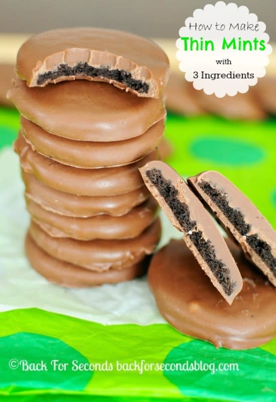 <p>Back For Seconds</p><p>This is a spot on, super easy Girl Scout cookie copy cat recipe! Learn how to make Thin Mints with 3 ingredients. They’re no bake and full of Christmas cheer! </p><p><strong>Get the recipe: <a href="https://backforseconds.com/make-thin-mints-3-ingredients/" rel="nofollow noopener" target="_blank" data-ylk="slk:Thin Mints;elm:context_link;itc:0;sec:content-canvas" class="link ">Thin Mints</a></strong></p>