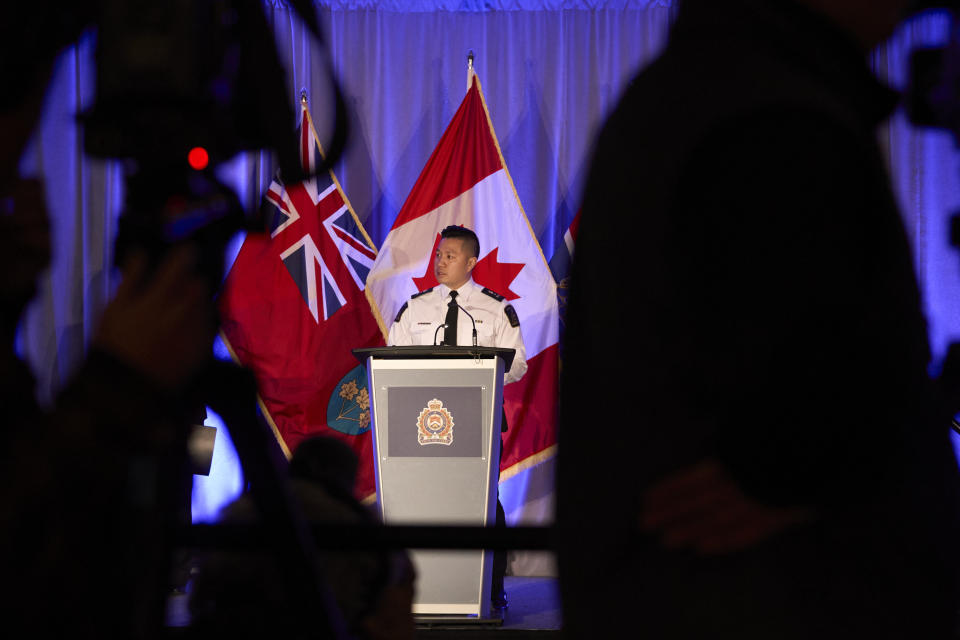 London, Ontario, Police Chief Thai Truong speaks during a news conference in London, Monday, Feb. 5, 2024. The police chief issued a public apology on Monday to a woman who says she was sexually assaulted by five hockey players on Canada's 2018 world junior team— four of them currently in the NHL — for the length of time it took his department to complete its investigation of a case that has rocked the sport for years. (Geoff Robins/The Canadian Press via AP)