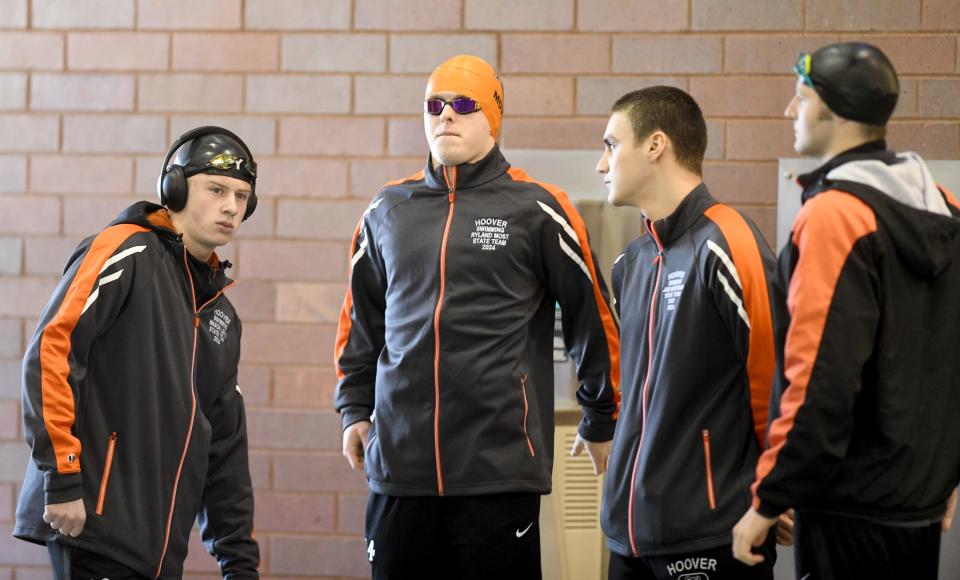 Hoover Boys 200 Freestyle Relay Team prepares to compete in 2024 OHSAA Division I State Swimming Prelims at C.T. Branin Natatorium in Canton. Friday, February 23, 2024.