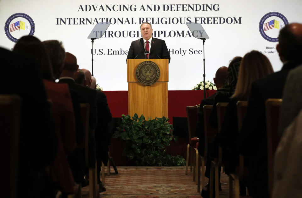 U.S. Secretary of State Mike Pompeo delivers his speech during the "Advancing and Defending International Religious Freedom Through Diplomacy" symposium, in Rome, Wednesday, Sept. 30, 2020. (Guglielmo Mangiapane/Pool Photo via AP)