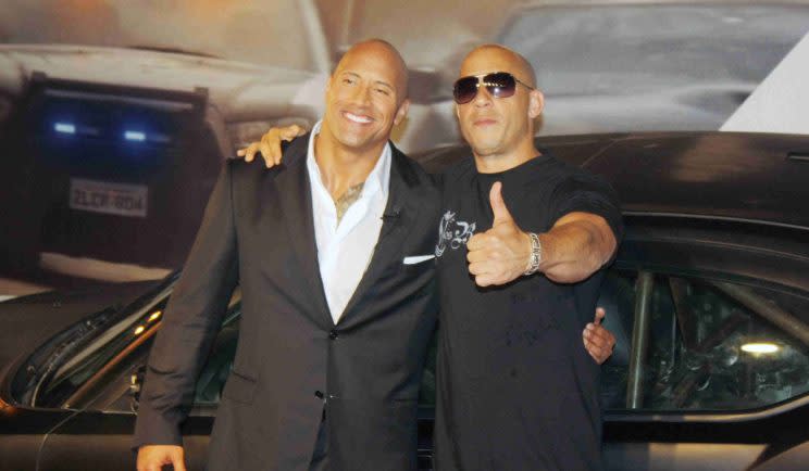 Dwayne Johnson and Vin Diesel cosy up at the Fast and Furious 5 premiere - Credit: WENN