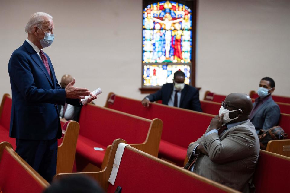 FILE: Joe Biden meets with clergy members and community activists during a visit to Bethel AME Church in Wilmington, Delaware on June 1, 2020. / Credit: Photo by JIM WATSON/AFP via Getty Images