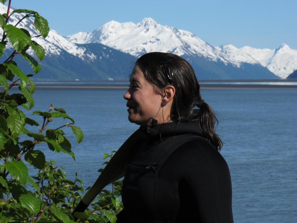 Sue Ives, a surfer from Anchorage, says the bore tide "was fantastic" after riding it for about a quarter mile on Tuesday, June 5, 2012, near Girdwood, Alaska. The biggest bore tide of the summer roared into Turnagain Arm south of Anchorage, Alaska, on June 5, 2012 (AP Photo/Ron Barta)