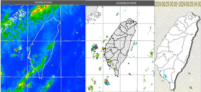 圖：今(29日)晨4時紅外線色調強化雲圖顯示，台灣大致晴朗(左圖)。4時雷達回波合成圖顯示，西南部有零星回波移入(中圖)。4時累積雨量圖顯示，西南部有局部降雨(右圖)。