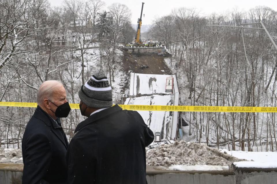 <div class="inline-image__caption"><p>US President Joe Biden and the Mayor of Pittsburgh Ed Gainey visit the scene of the Forbes Avenue Bridge collapse over Fern Hollow Creek in Frick Park in Pittsburgh, Pennsylvania, January 28, 2022. </p></div> <div class="inline-image__credit">Saul Loeb/AFP via Getty Images</div>