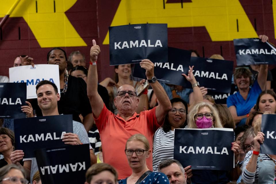 Supporters of Vice President Kamala Harris react to her speaking during a campaign rally at West Allis Central High School on July 23, 2024 in West Allis, Wisconsin (Getty Images)