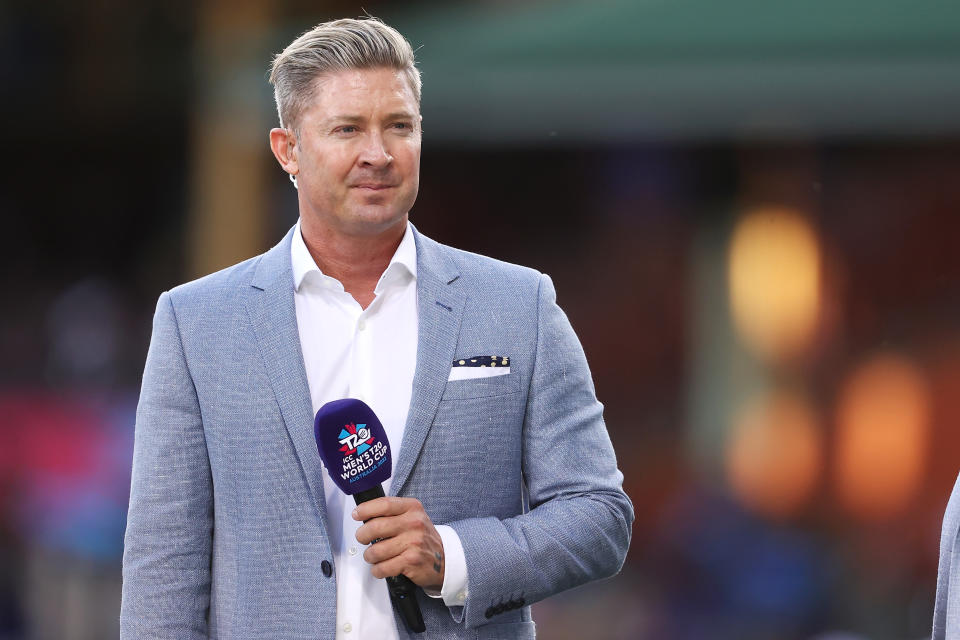 Michael Clarke, pictured here in commentary during the T20 World Cup in 2022.