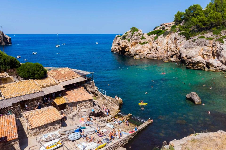 Aerial view, Cala Deia bay, Deia, Serra de Tramuntana, Majorca, Balearic Islands, Spain