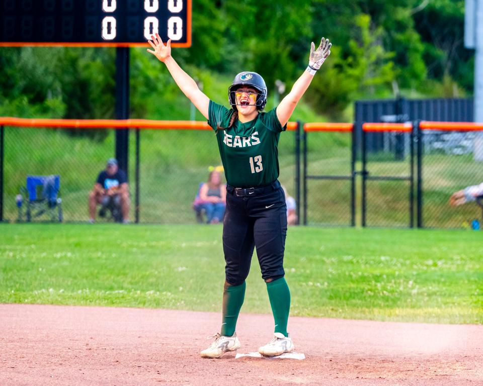 GNB Voc-Tech's Ana Tsonis celebrates her first inning double against D-R.