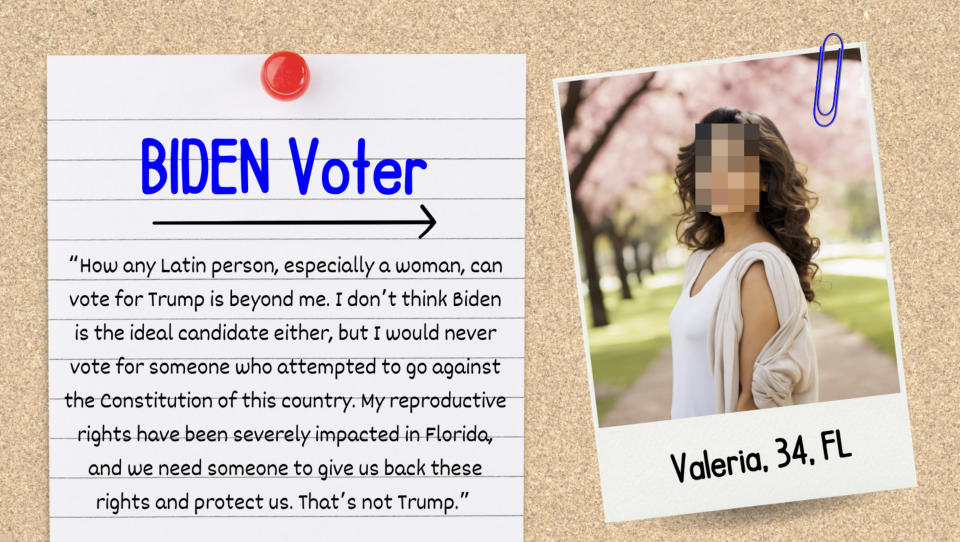 A note with the headline "BIDEN Voter" and a quote about not voting for Trump due to reproductive rights and opposing the Constitution. A polaroid photo of Valeria, 34, FL is clipped to the note