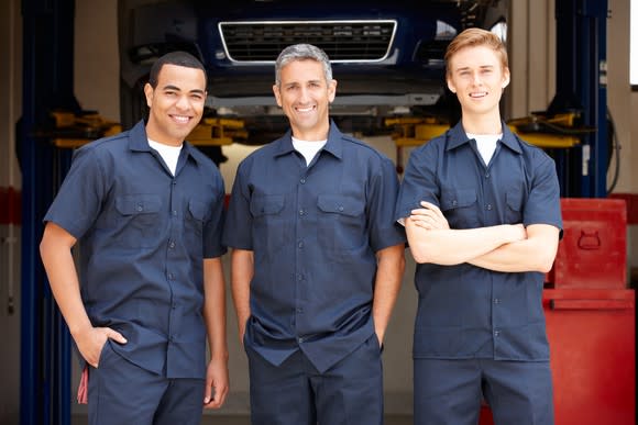 Mechanics in dark blue uniforms.