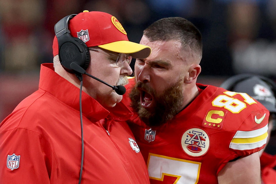 Travis Kelce let Andy Reid have it in the second quarter of Sunday's Super Bowl. (Jamie Squire/Getty Images)