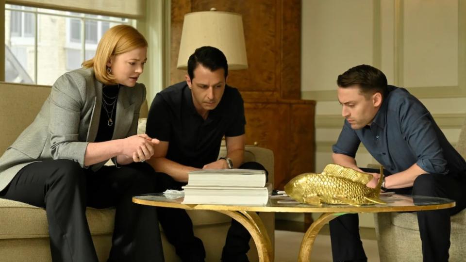 Sarah Snook, Jeremy Strong and Kieran Culkin in “Succession.” (HBO)