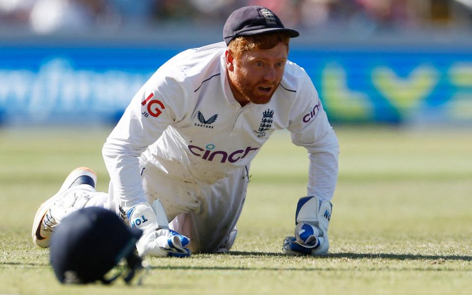 England's Jonny Bairstow reacts after dropping Australian Marnus Labuschagne from Mark Wood's bowling alley