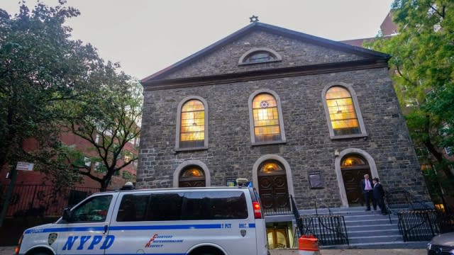 An NYPD patrol car is parked outside a synagogue on the Lower East Side of Manhattan.