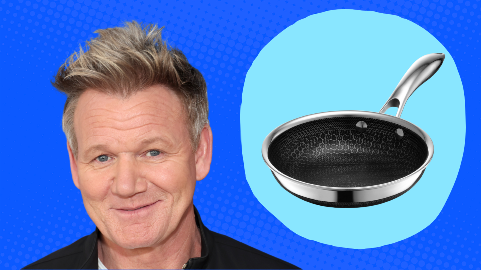 Gordon Ramsay next to a photo of a HexClad nonstick pan on a blue background