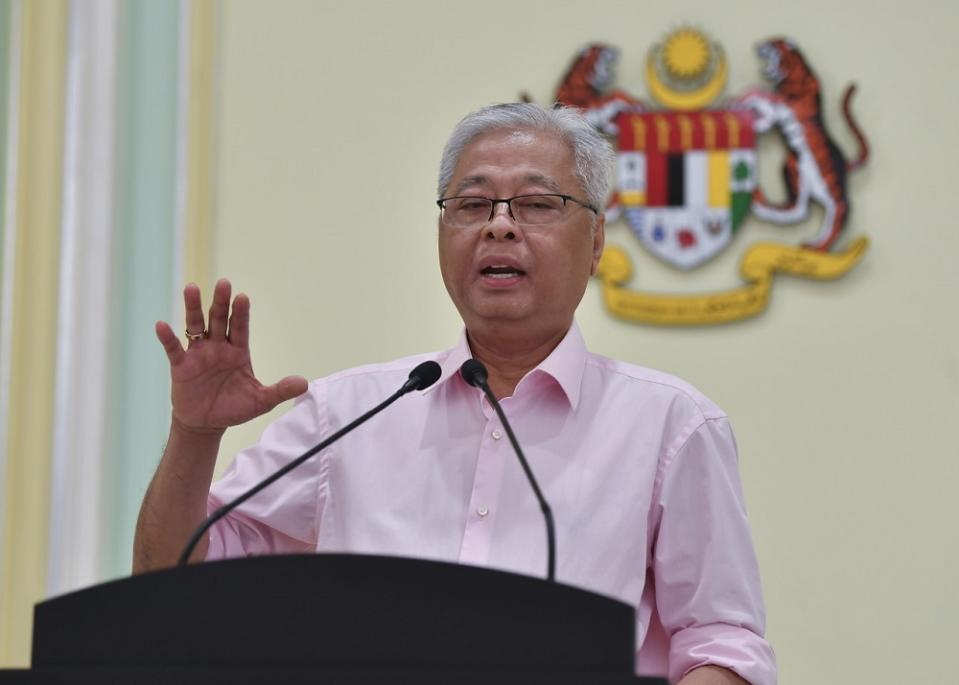 Senior Minister Datuk Seri Ismail Sabri Yaakob speaks during a press conference in Putrajaya April 10, 2020. — Bernama pic