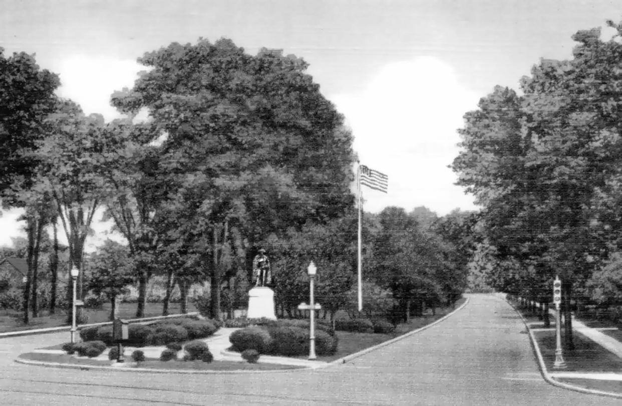 Today’s busy Memorial Parkway – dedicated to Utica’s men and women who served in the military during wartimes – once was a quiet, narrow road (here shown looking east from Genesee Street with the statue of Baron von Steuben  nearby). At the turn of the 20th century, Maria and Thomas Proctor met with members of the Common Council and suggested a “parkway” be built to connect the parks the Proctors had given to the city – Roscoe Conkling Park and Thomas R. Proctor Park. In 1909, the Parkway was completed from Genesee Street to Elm Street. In 1911, it was extended to Mohawk Street. In 1919, the city began to extend it from Mohawk Street to the Welsh Bush Road and Thomas R. Proctor Park.