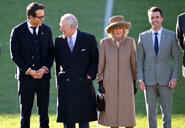 King Charles III and Camilla, Queen Consort meet with co-owners of Wrexham AFC, Ryan Reynolds and Rob McElhenney during their visit