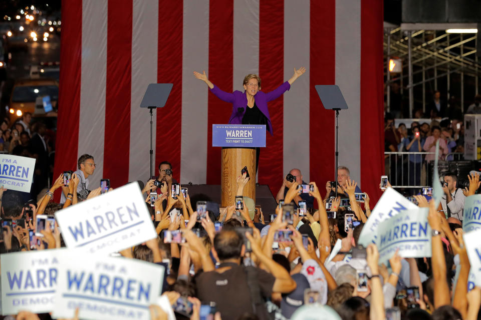 Warren speaks to thousands of rallygoers in Manhattan on Sept. 16. Her ascent in the polls appears to have prompted more aggressive pushback from Sanders' team. (Photo: Lucas Jackson / Reuters)