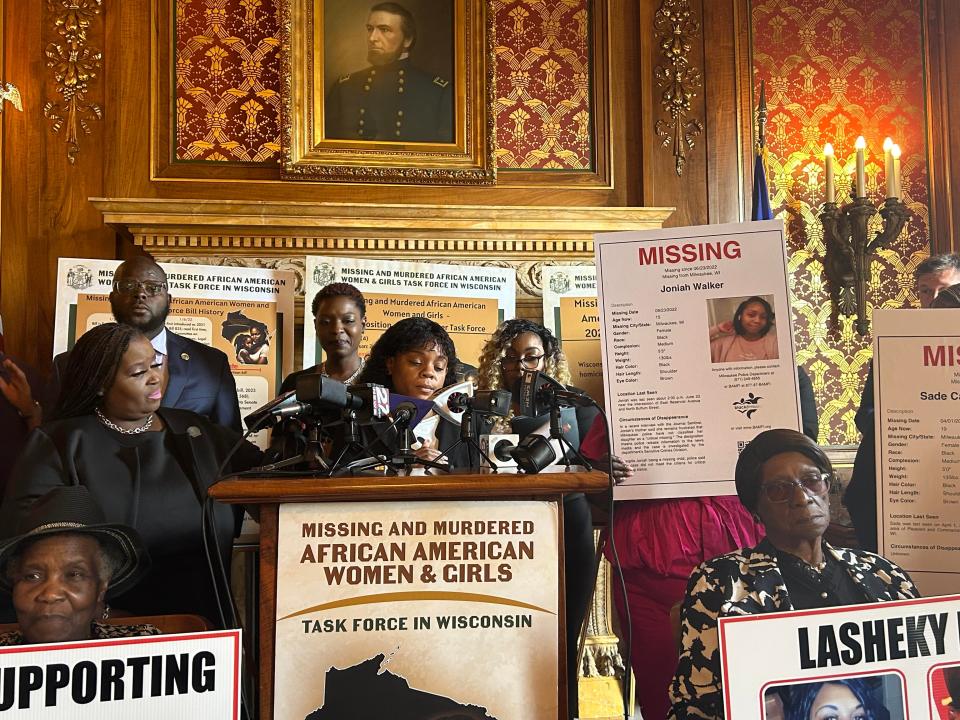 Tanesha Howard, of Milwaukee, talks about her daughter Joniah Walker at a press conference in Madison on Thursday. Walker went missing two years ago.