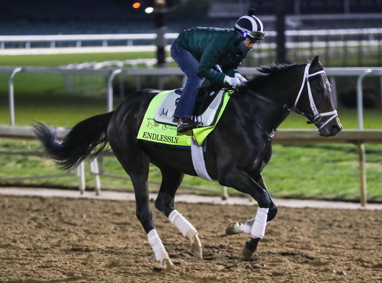 Kentucky Derby contender Endlessly trains early before daybreak Thursday morning at Churchill Downs April 25, 2024 in Louisville, Ky. Trainer is Michael McCarthy.