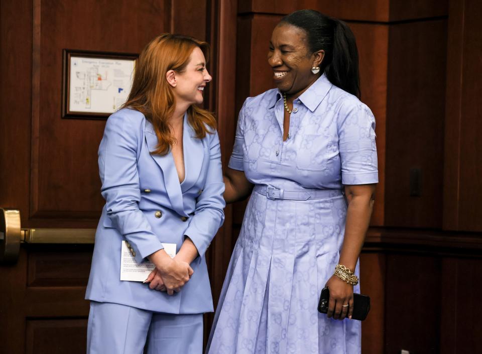 Glamour editor in chief Samantha Barry and activist Tarana Burke, founder of the Me Too Movement, greet each other during the press conference rally hosted by Paid Leave for All and Glamour.
