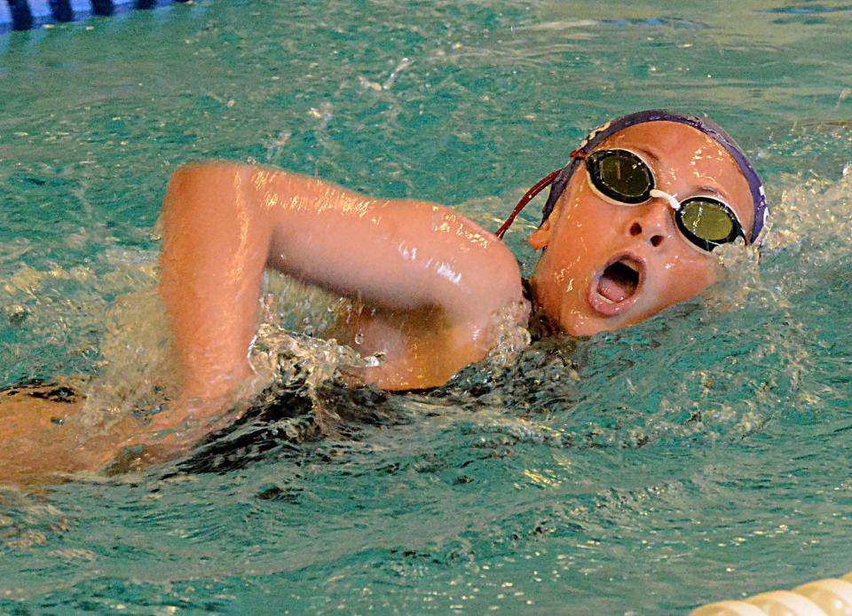 Kiya Foreman of the Watertown Area Swim Club heads for the finish in the mixed 10-and-under 200-yard freestyle during the Watertown Area Swim Club's Too Cool for the Outdoor Pool on Saturday, June 3, 2023 at the Prairie Lakes Wellness Center.