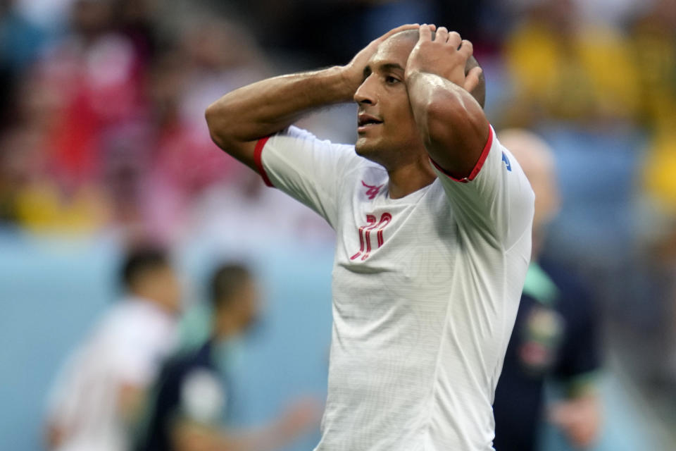 Tunisia's Wahbi Khazri reacts during the World Cup group D soccer match between Tunisia and Australia at the Al Janoub Stadium in Al Wakrah, Qatar, Saturday, Nov. 26, 2022. (AP Photo/Ricardo Mazalan)