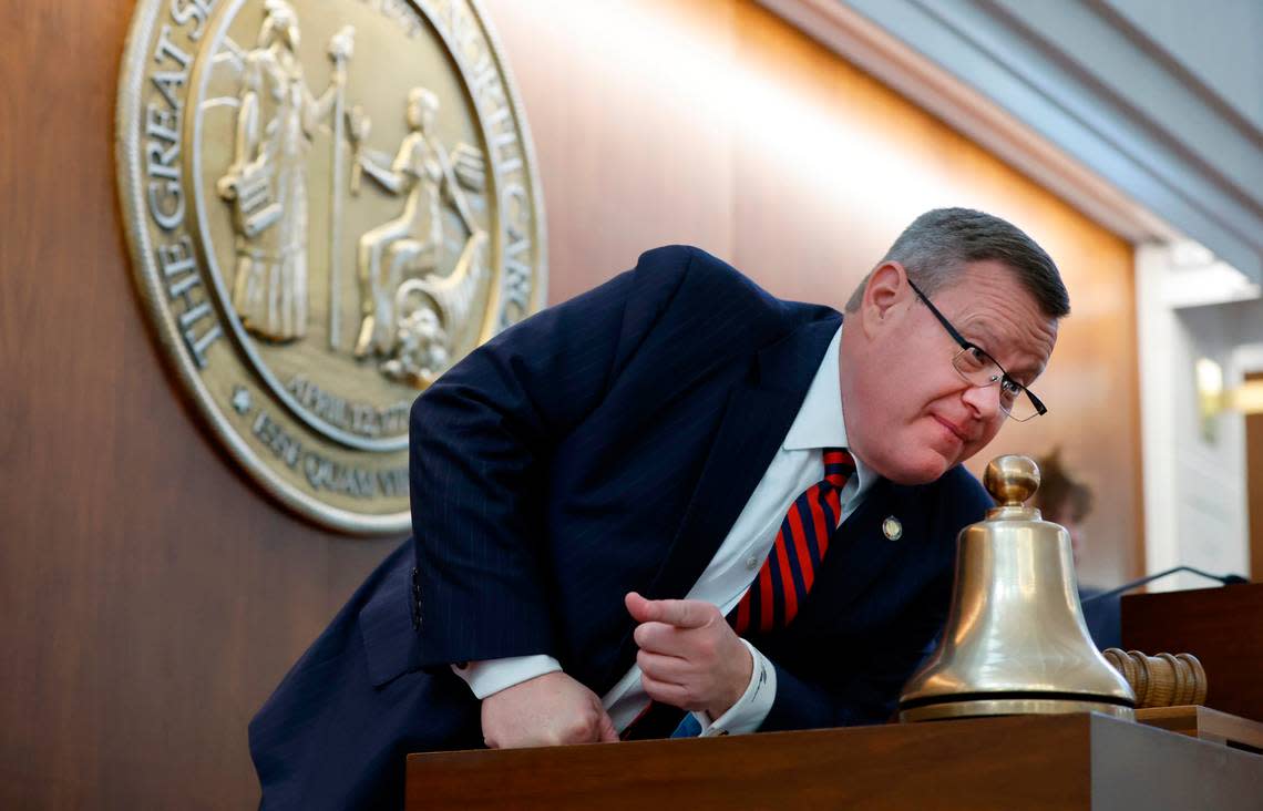 Speaker of the House Tim Moore talks to lawmakers, staff and visitors after the opening session of the N.C. House of Representatives Wednesday, Jan. 11, 2023.