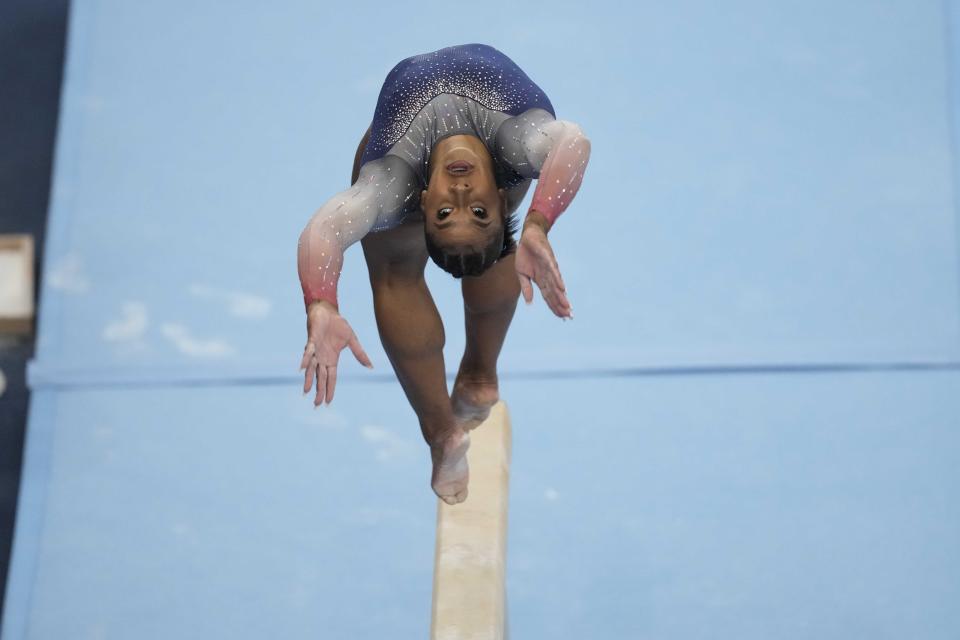 Jordan Chiles of the United States competes on the balance beam during the women's team artistic gymnastics final round at the Pan American Games in Santiago, Chile, Sunday, Oct. 22, 2023. (AP Photo/Martin Mejia)