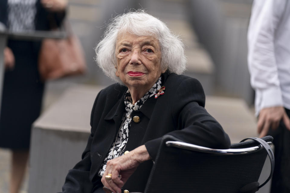 Holocaust Survivor Margot Friedlander appears for an event with U.S. Secretary of State Antony Blinken at the Memorial to the Murdered Jews of Europe in Berlin, Thursday, June 24, 2021. Blinken is on a week long trip in Europe traveling to Germany, France and Italy. (AP Photo/Andrew Harnik, Pool)