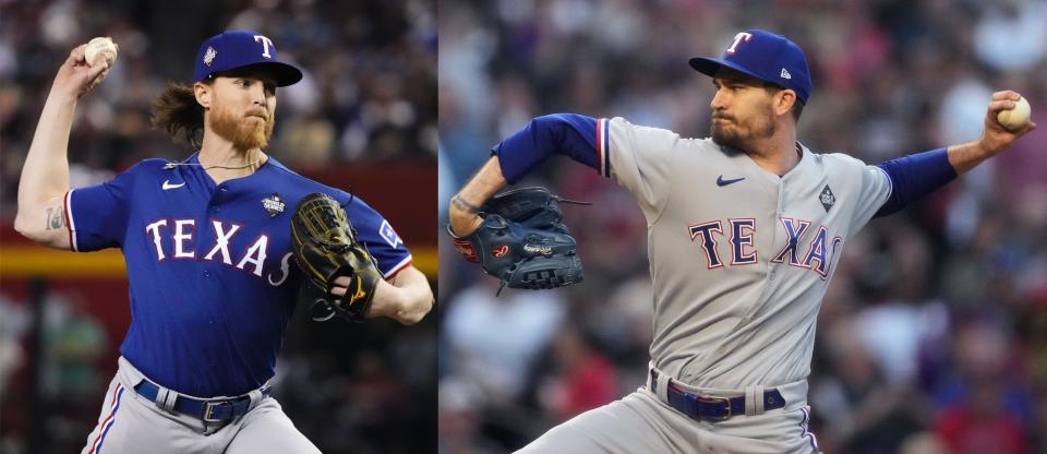 Texas Rangers pitchers Jon Gray (left) and Andrew Heaney are now World Series champions after the Rangers took Game 5 and closed out the 2023 World Series.