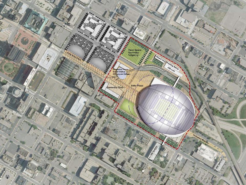 This drawing provided Thursday, March 1, 2012, by the Minnesota Vikings football team shows an overhead view of the proposed $975 million stadium for the team unveiled Thursday by Gov. Mark Dayton, political leaders and the Vikings. The plan would put the new building nearly on top of the current Metrodome site. (AP Photo/Minnesota Vikings)