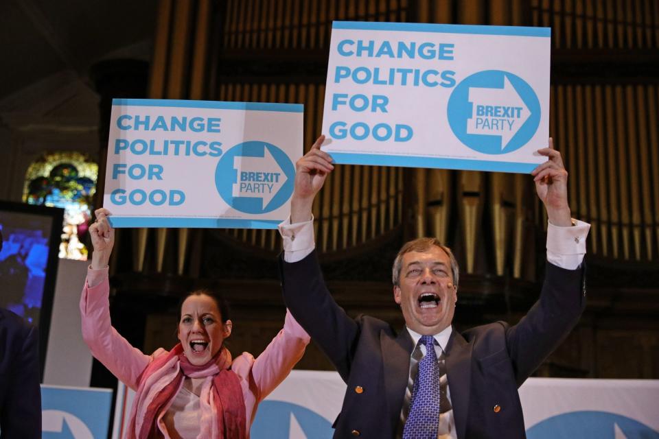 Nigel Farage and Annunziata Rees-Mogg at a Brexit Party rally (PA)